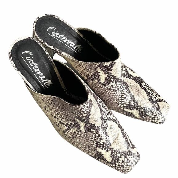 L’INTERVALLE Python Snake Print Square Toe Mule Heels Black Cream 40 - Picture 9 of 13